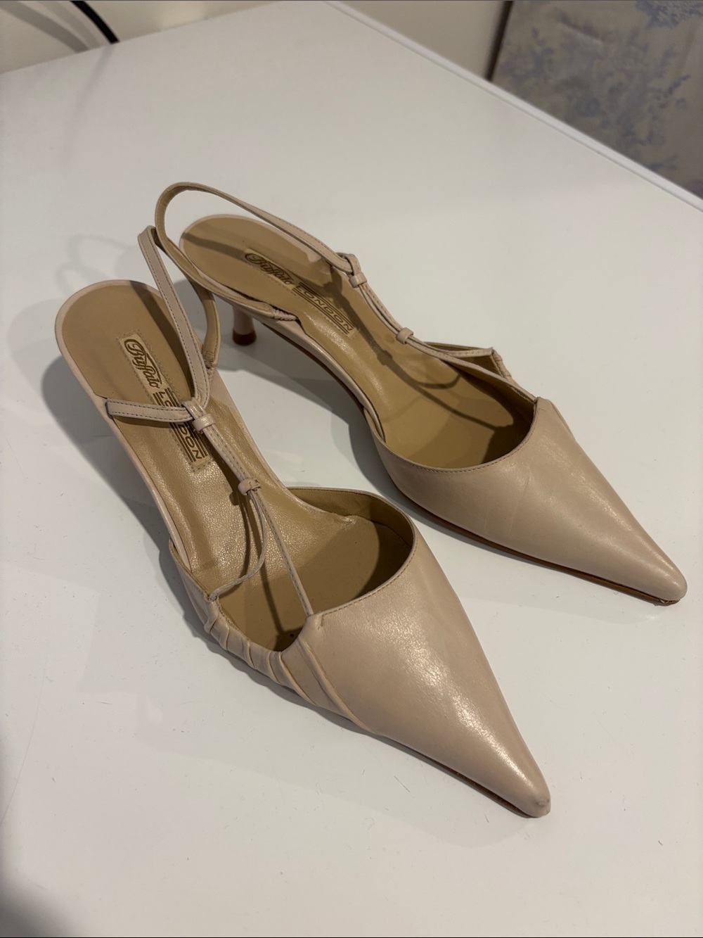 Pointed-Toe Nude Slingback Heels with T-Strap